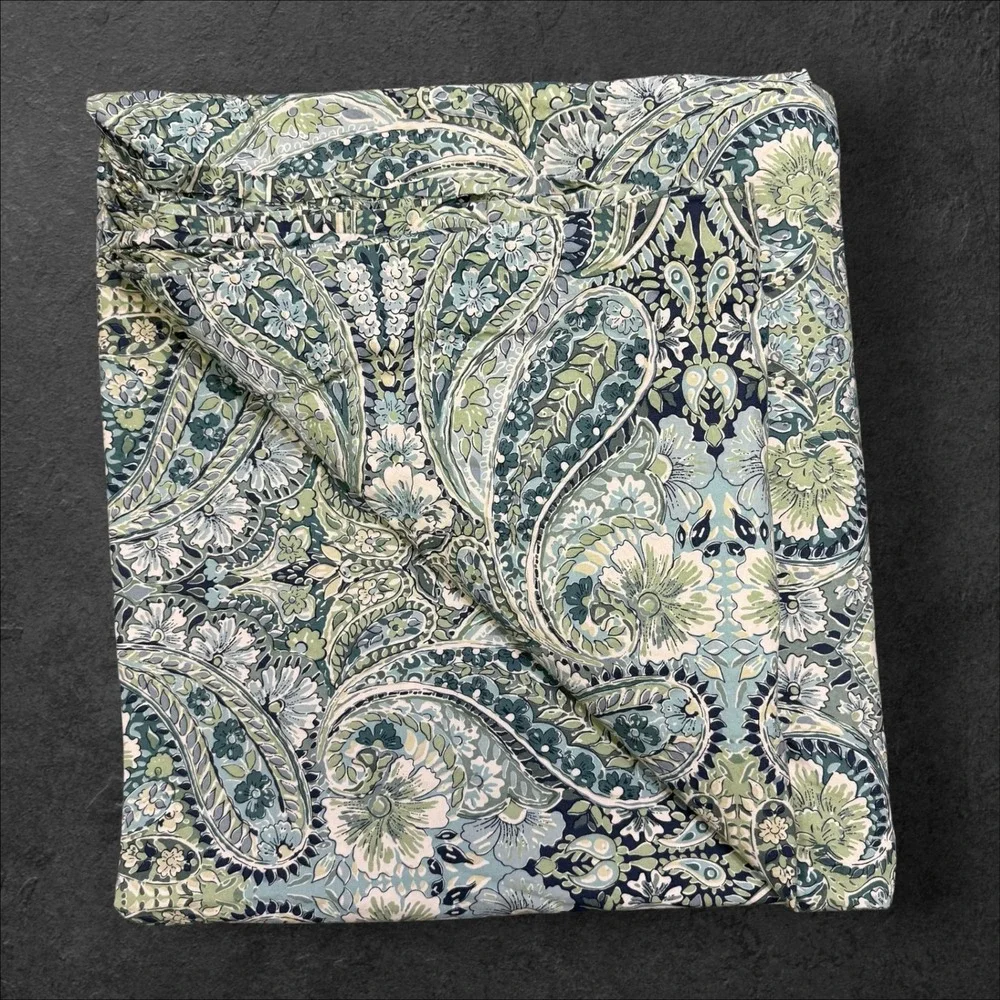 Pottery Barn Full Queen Duvet Cover Blue Green Paisley Floral Organic Cotton